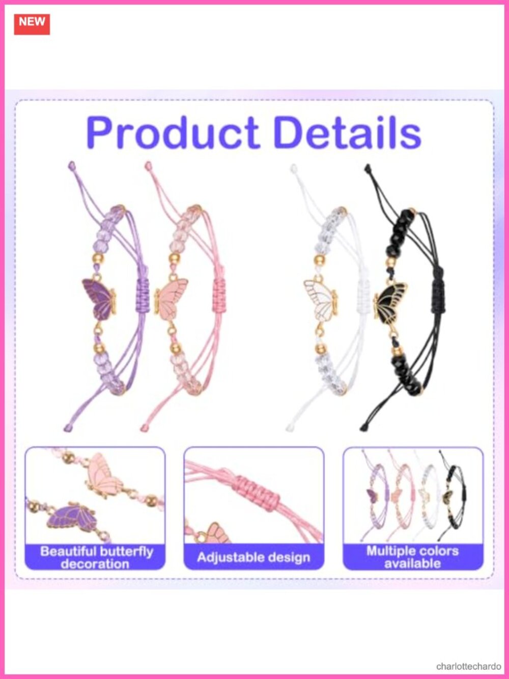 Butterfly Friendship Bracelets Adjustable Rope Metal Matching Set - Picture 2 of 6